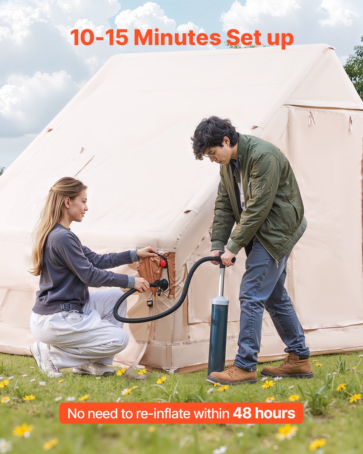 Inflatable Tents For Camping, 3-5 Person Easy Setup Blow Up Tent With Hand Pump, 300D Oxford 4 Season Glamping Tent With Stove Jack 2 Doors & 2 Mesh Windows, Storage Bag Included For Easy Taking