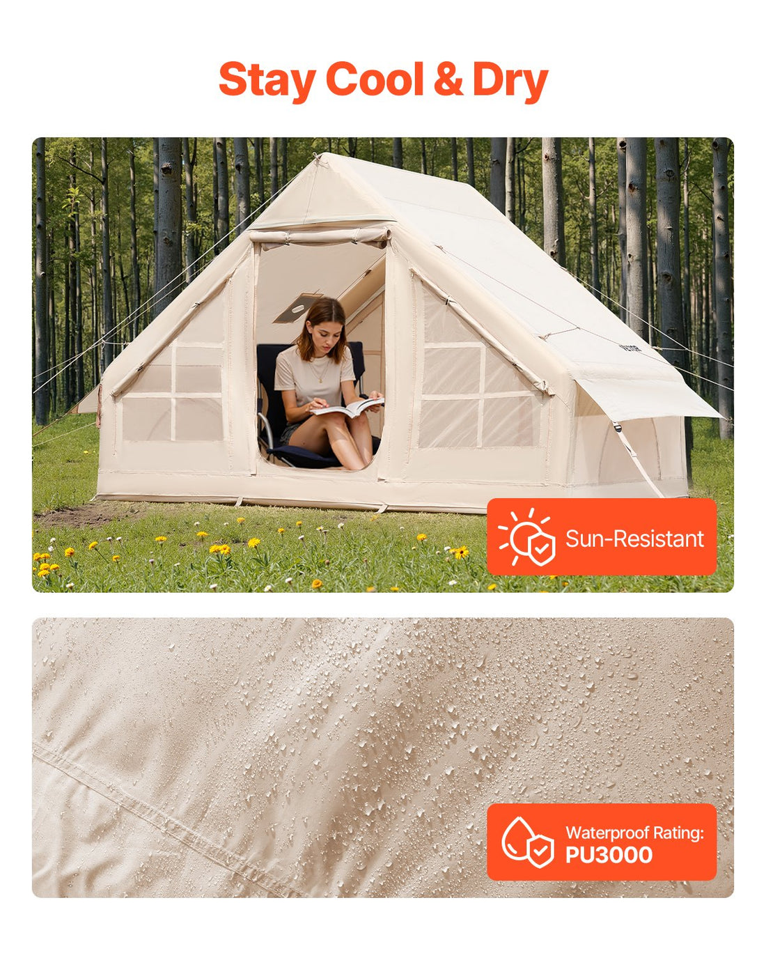 Inflatable Tents For Camping, 3-5 Person Easy Setup Blow Up Tent With Hand Pump, 300D Oxford 4 Season Glamping Tent With Stove Jack 2 Doors & 2 Mesh Windows, Storage Bag Included For Easy Taking